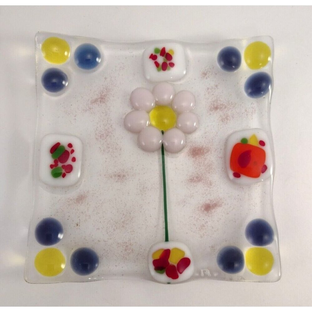 Murano Style Fused Art Glass Trinket Dish Tray Flower Jewelry Square 6"x6" Plate